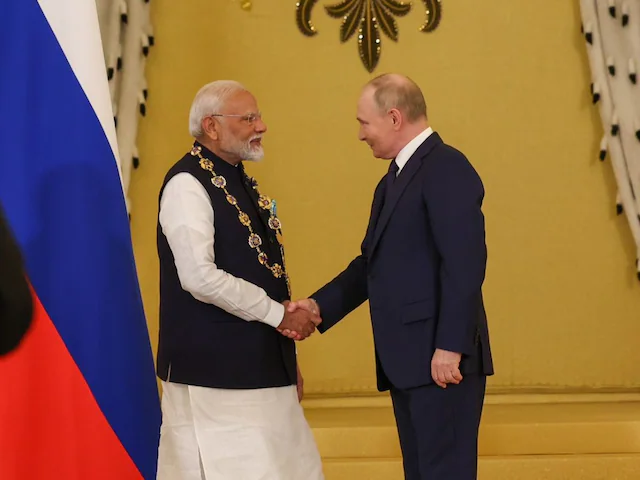 PM Modi conferred with Russia’s highest national award, the Order of St. Andrew the Apostle by President Vladimir Putin in Kremlin. (Image/X)